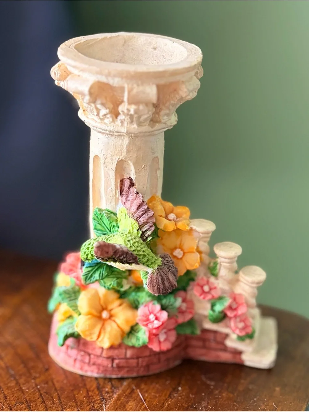 Decorative Floral Column Candle Holder with Hummingbird - Pink & Yellow